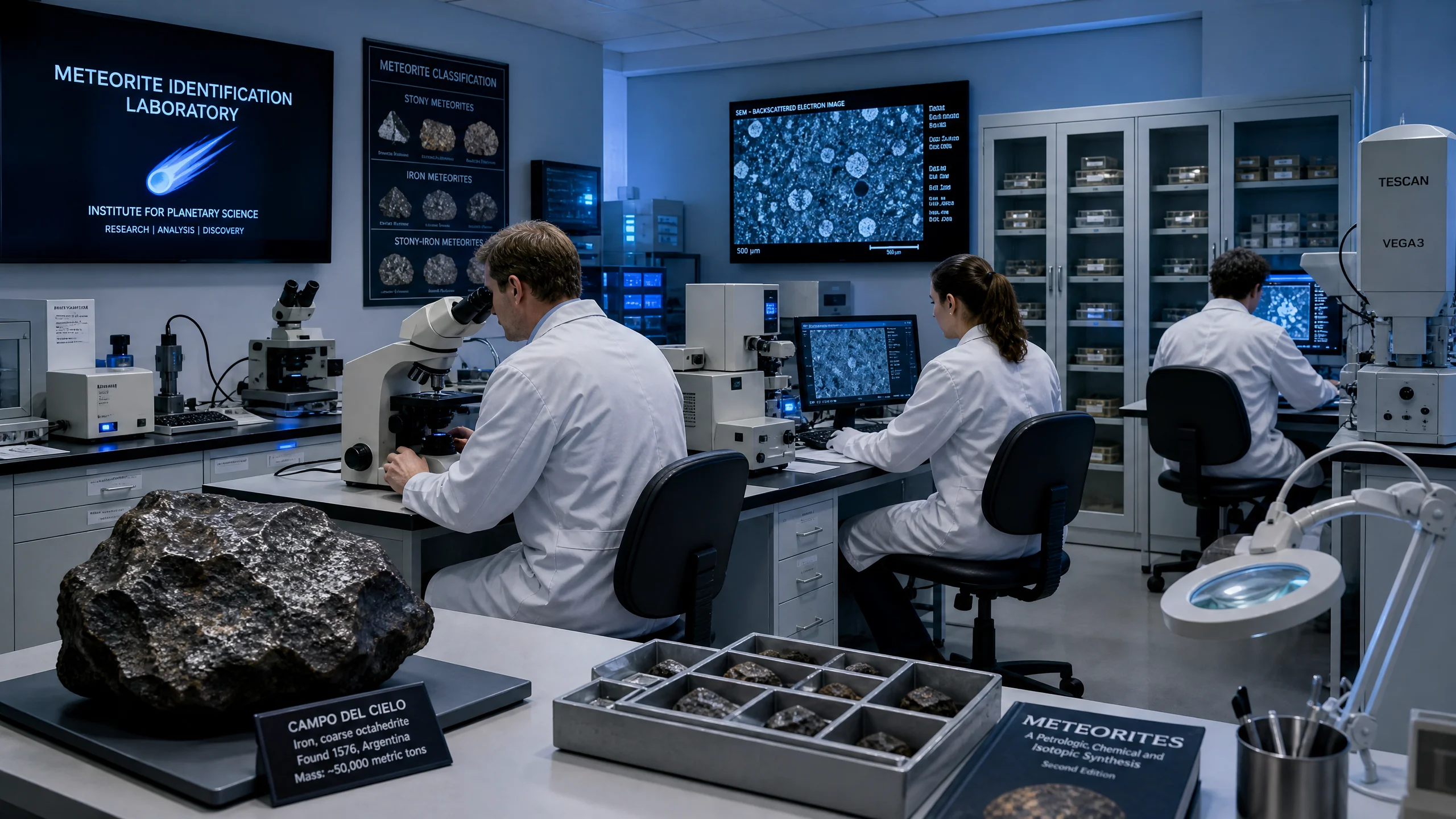 专业陨石鉴定实验室，科学家正在使用显微镜和分析仪器检测陨石样品‌